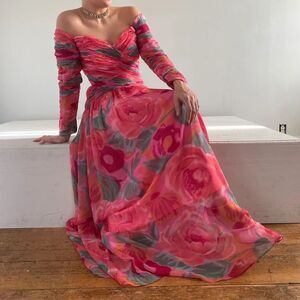 VICTOR COSTA Vintage 1980’s Floral Print Chiffon Gown
